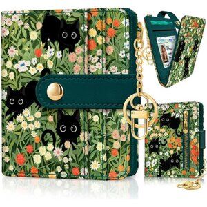 Black Cat Floral Rfid Women Wallet, Small Slim Thin Credit Card Wallet, PU